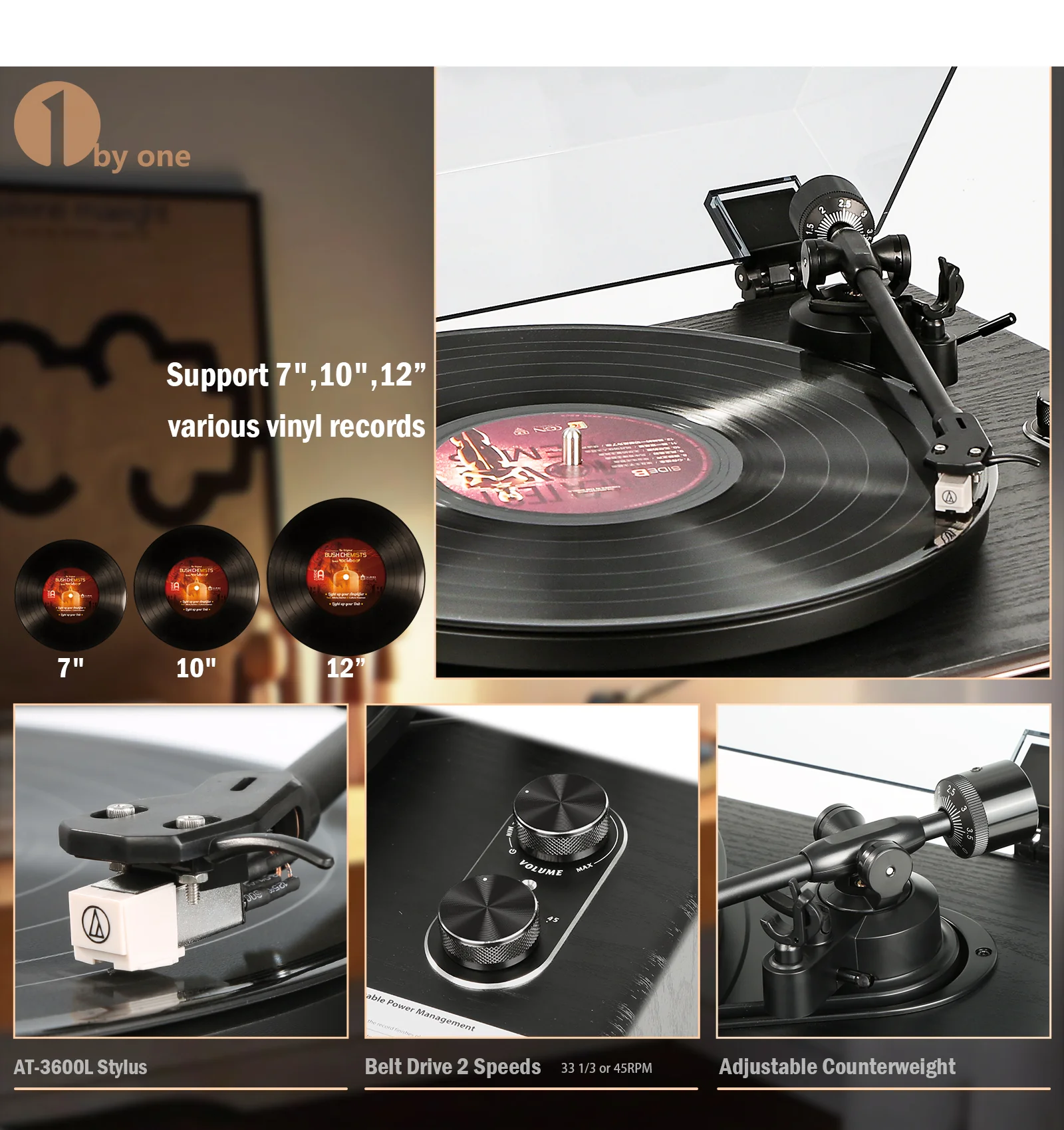 1 by ONE High Fidelity All-in-One Vinyl Turntable Black - Image 5