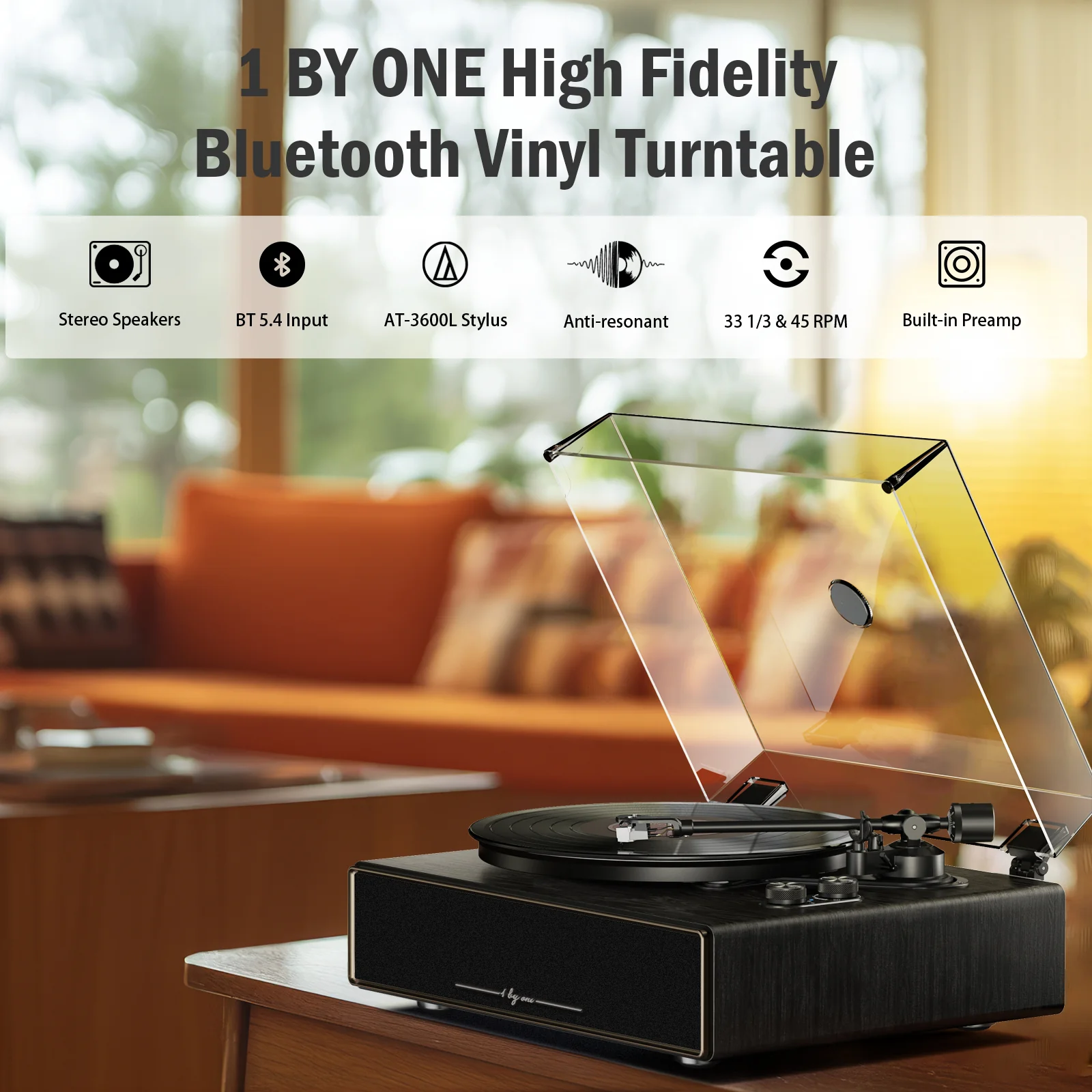 1 by ONE High Fidelity All-in-One Vinyl Turntable Black - Image 6