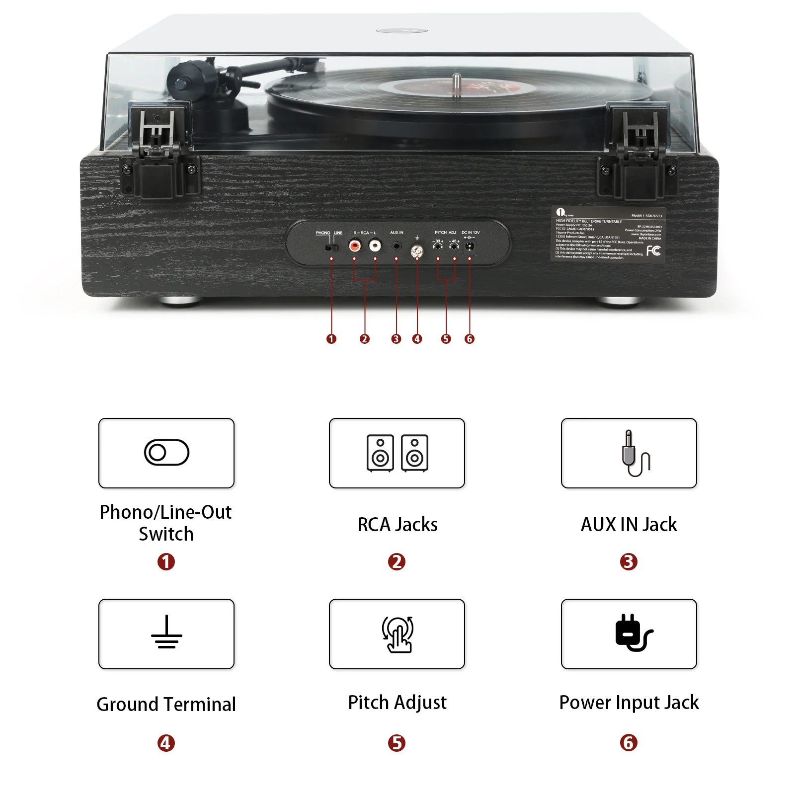1 by ONE High Fidelity All-in-One Vinyl Turntable Black - Image 7